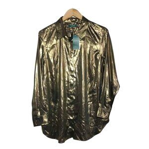 Ralph Lauren Metallic Gold Shirt Women's Size 1X Button Up Long Sleeve Rare NEW